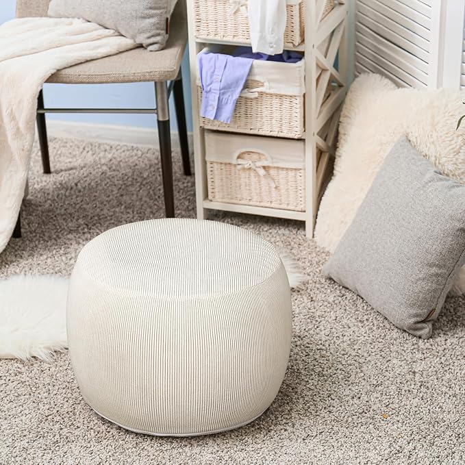 2 Pack Round Inflatable Pouf Ottoman Foot Rest for Couch 20 x 16 Inch Cozy Portable Floor Corduroy Poufs Foot Stool Ottoman with Pump for Living Room Bedroom Chair, Beige