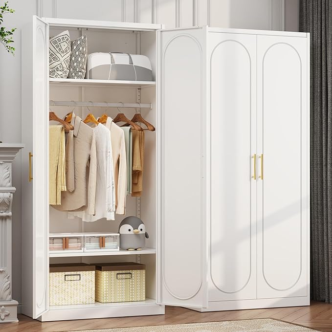 71" White Wardrobe Closet with 2 Doors, Metal Armoire Wardrobe Cabinet with Hanging Rod and Adjustable Shelves, Clothing Storage Cabinets for Bedroom, Laundry Room, Home Office