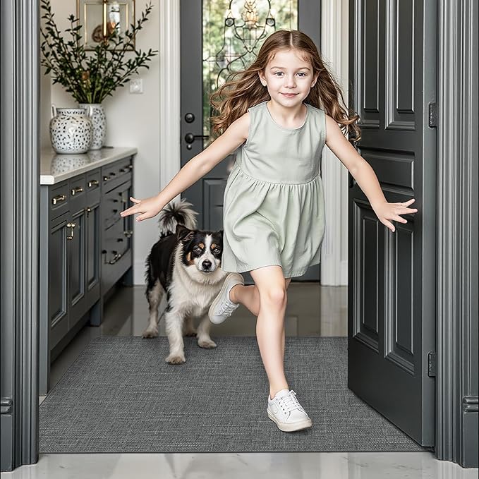 LUMI Ultra Thin Door Mat for Entryway,32"x48" Low Profile Non Slip Rubber Backing Indoor Doormat, Easy Clean Welcome Entrance Mat for Inside House, Patio, Greenish Grey