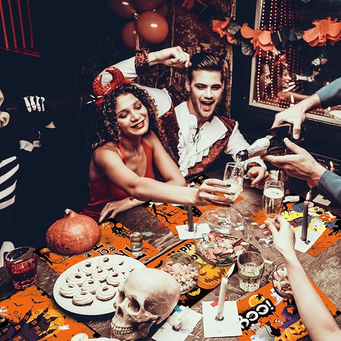 Plastic Placemats Set of 6 Halloween Table Mats - Trick or Treat Kitchen Decor - Wipe Clean, Washable, Recyclable - Orange Place Mats for Indoor/Outdoor - Heat Resistant - Kitchen/Dining Table