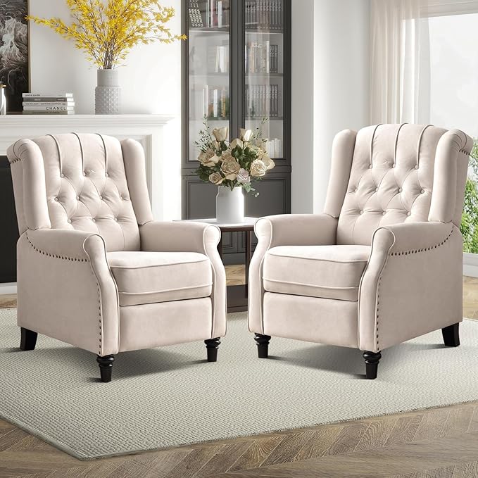 EBELLO Pushback Recliner Chair, Fabric Armchair Push Back Recliner with Rivet Decoration, Mid Century Wingback Accent Chair for Living Room, Bedroom, Beige