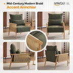 VINGLI Boho Braid Accent Armchair,Mid-Century Modern Chiar with Solid Wooden Armrest,Comfy Louge Cushion Chair with Waist Pillow for Bedroom,Living Room,Reading Room, Dark Green