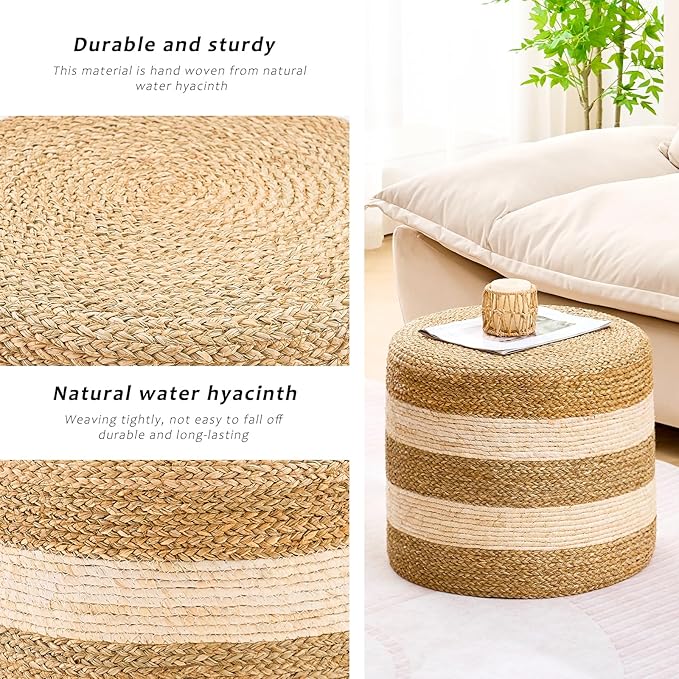 Handwoven Ottoman Pouf, Natural Seagrass Footstool, Round Braided Outdoor Seat with Sturdy Frame, Boho Accent Stool for Patio, Balcony, or Garden (Seagrass White)