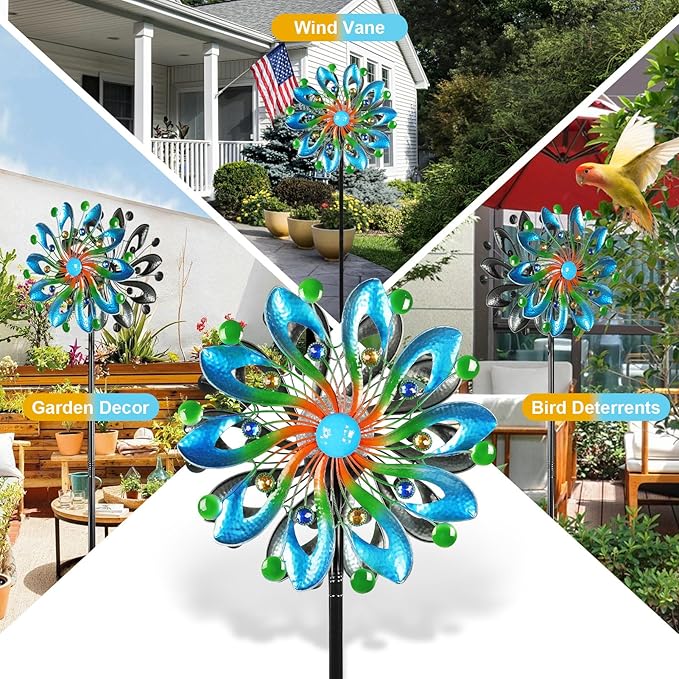 Wind Spinners for Yard and Garden - Wind Sculptures & Spinners, 75 Inch, Navy Blue, Kinetic Art with Solar Powered Multi-Color Glass Ball Light