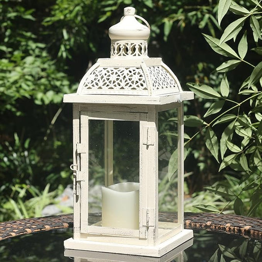DECORKEY Lantern Decorative Indoor&Outdoor, 14.4'' Large Metal Candle Lanterns, Vintage Hanging Candle Holders Farmhouse Shelf Wedding Front Porch Patio Decor, Halloween Christmas Decorations for Home