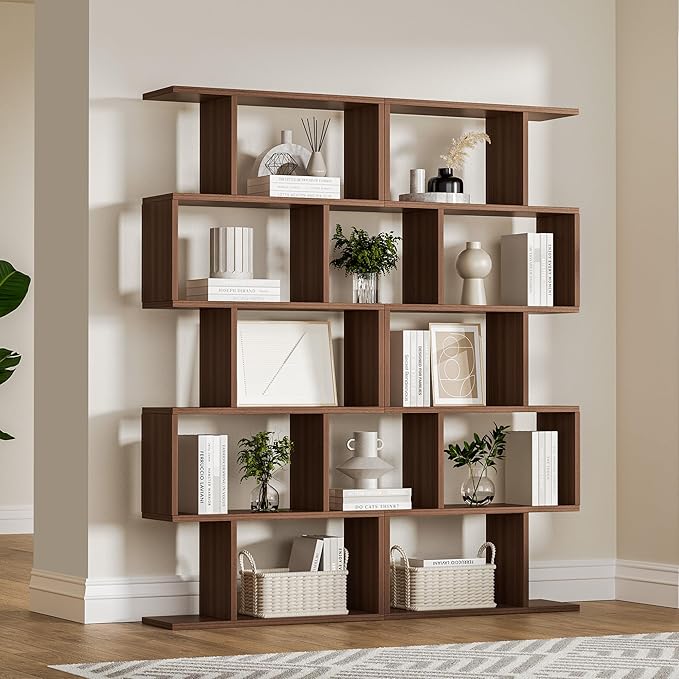 Brown 5-Tier Geometric Bookcase, S-Shaped Modern Bookshelf Set of 2, 62.6" Tall Room Divider Book Shelf, Decorative Display Shelf