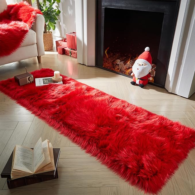 AMTOVO Faux Fur Rug, Red Ultra Soft Fluffy Shag Sheepskin Rug, 2 x 6 ft Runner Area Rugs for Bedroom Sofa Throw Cushion Room Decor, Rectangle