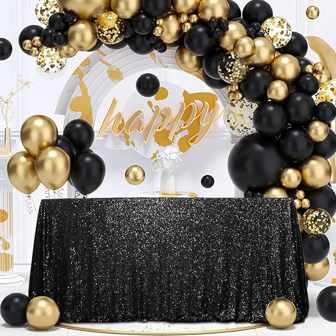 SquarePie Sequin Tablecloth 90 x 156 Inch Black Sparkly Table Linen for Wedding Halloween Party