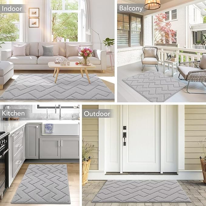 hicorfe Front Door Mat Outside Entrance,24"x35" Absorbent Muddy Dirt Resist Welcome Door Mats Outdoor Indoor,Stain and Fade Resistant,Non Slip Backing Entry Mat Doormat for Entryway (Light Grey)