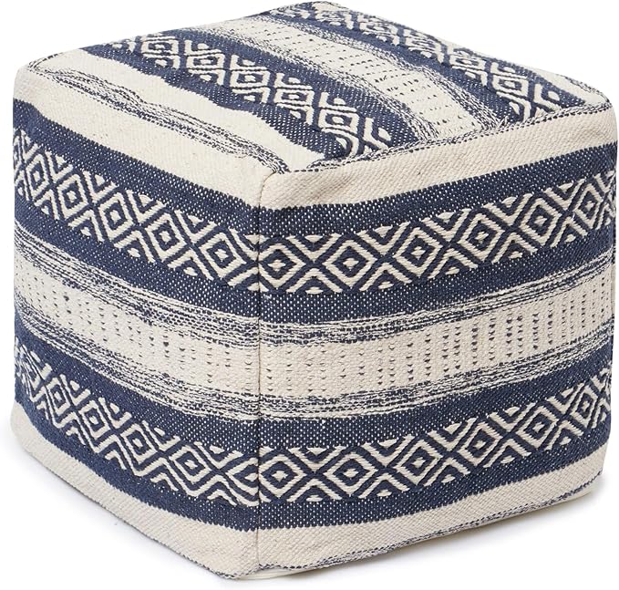 REDEARTH · Tufted Pouf Ottoman with Filler Textured Storage Cube Bean Bag Pouffe Footrest for Living Room, Bedroom, Nursery, Home Decor; 100% Cotton (17.5"X17.5"X17.5", Indigo Impressions)