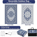 GAOMON Patio Rugs Outdoor 8x10 Waterproof Reversible Plastic Straw Rug, Large UV-Resistant Portable RV Camping Mats, Indoor Outdoor Medallion Carpet for Deck Porch Garden, Dark Blue & White