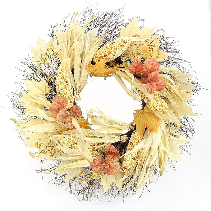 Admired By Nature Autumn Corn Husk Wreath - 26" Natural Fall Color Artificial Wreath - For Home Decor, Offices, Weddings, Events, Parties, Thanksgiving