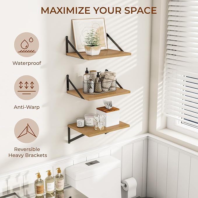 Heimlove Deep Floating Shelves for Wall, 12 Inch Deep Floating Shelves Set of 3, 16W x 12D Wood Wall Shelves, Wide Wood Shelves with Metal Bracket for Living Room, Kitchen, Office, Bedroom - Oak