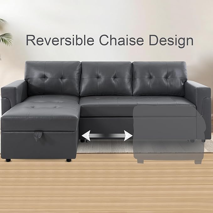 Naomi Home Transform Any Space: Sleeper Sectional Sofa with Convertible Sofa Bed & Inviting Chaise. Find Tranquil Comfort with Stress-Relieving Design & Durable Cushions - Dark Gray/Air Leather