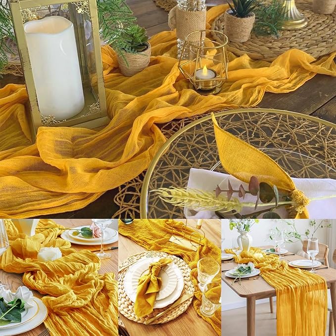 12 Pack Mustard 10FT Cheesecloth Table Runner Rustic Gauze Fabric Cheese Cloth Table Runner for Wedding Bridal Baby Shower Table Decor Boho Sheer Birthday Party Table Decorations 20 x 120 Inch Long