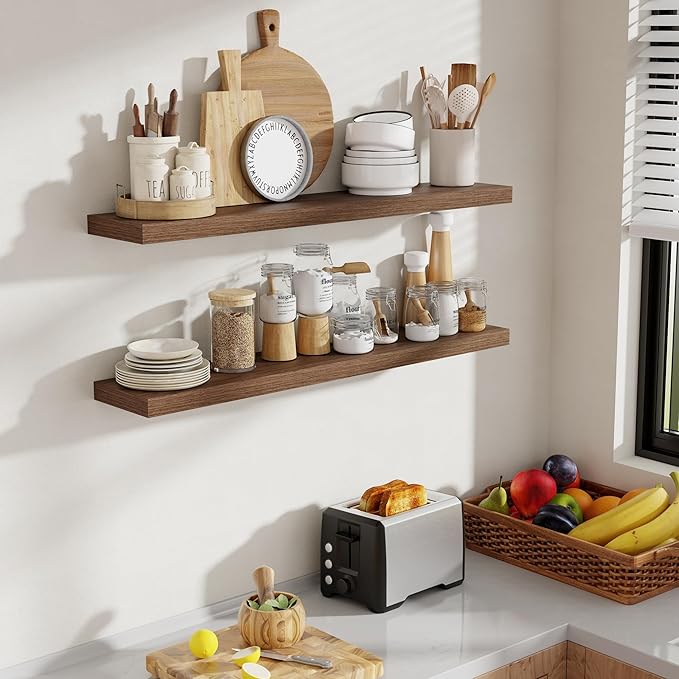 40 Inch Floating Shelves, 8 Inch Deep Floating Shelves for Wall, Hanging Shelf with Invisible Brackets, Deep Shelves for Bathroom, Bedroom, Living Room, Walnut, Set of 2