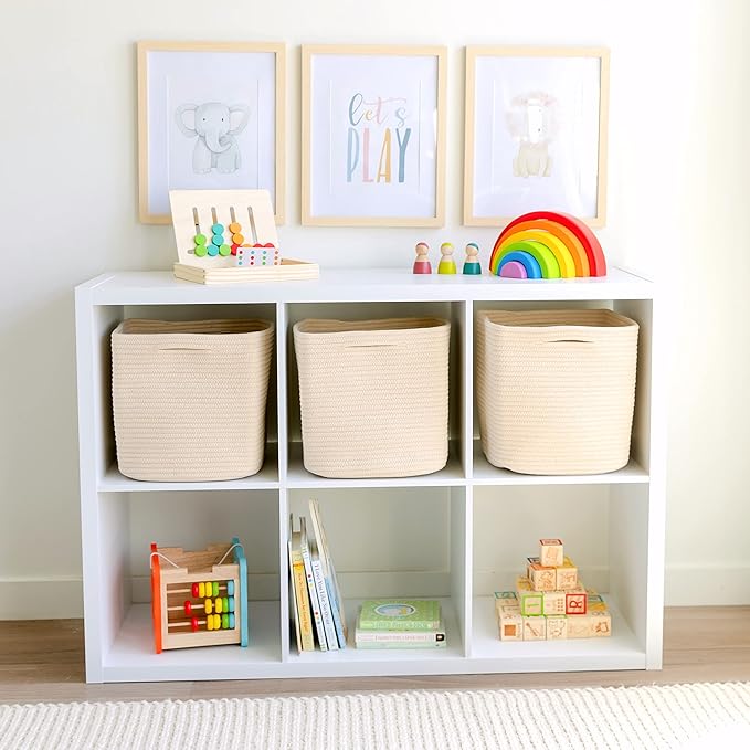 NaturalCozy Storage Cubes 11 Inch Cotton Rope Woven Baskets for Organizing, 3-Pack | Cube Storage Bin | Square Storage Baskets for Shelves Organizer, Classroom, Kids Toy Bins, Closet, Baby Nursery