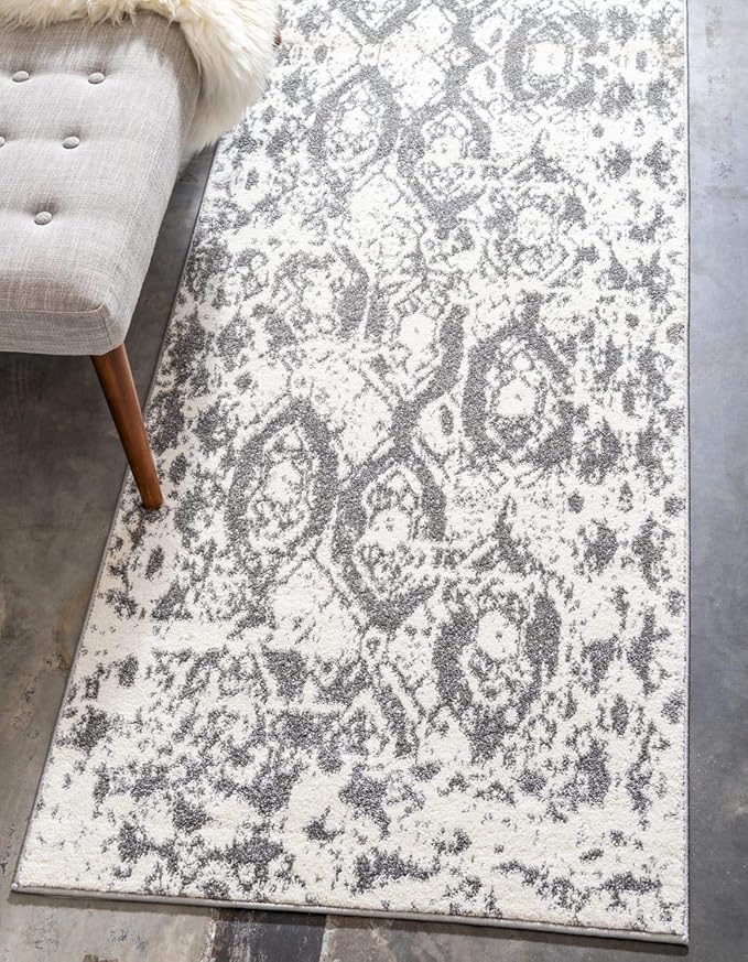 Unique Loom Rosso Collection Vintage, Geometric, Bohemian, Traditional, Distressed, Southwestern Area Rug, 2' 7" x 10' 0", Light Gray/Ivory