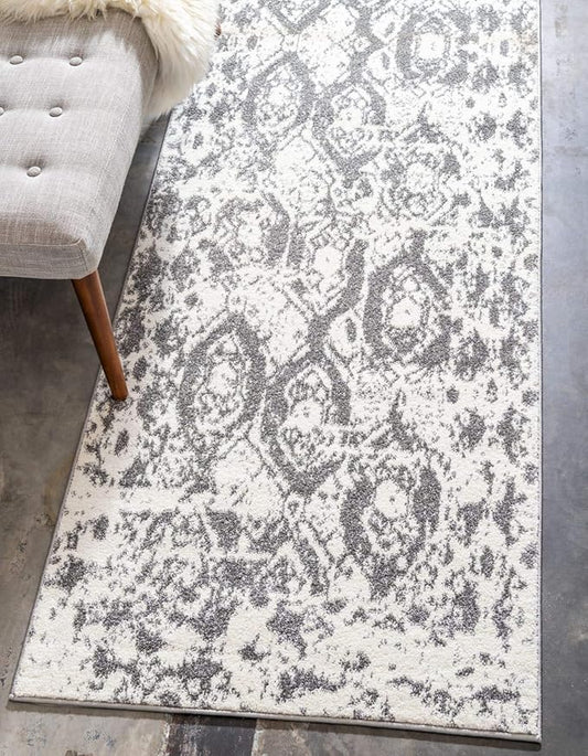 Unique Loom Rosso Collection Vintage, Geometric, Bohemian, Traditional, Distressed, Southwestern Area Rug, 2' 0" x 6' 0", Light Gray/Ivory