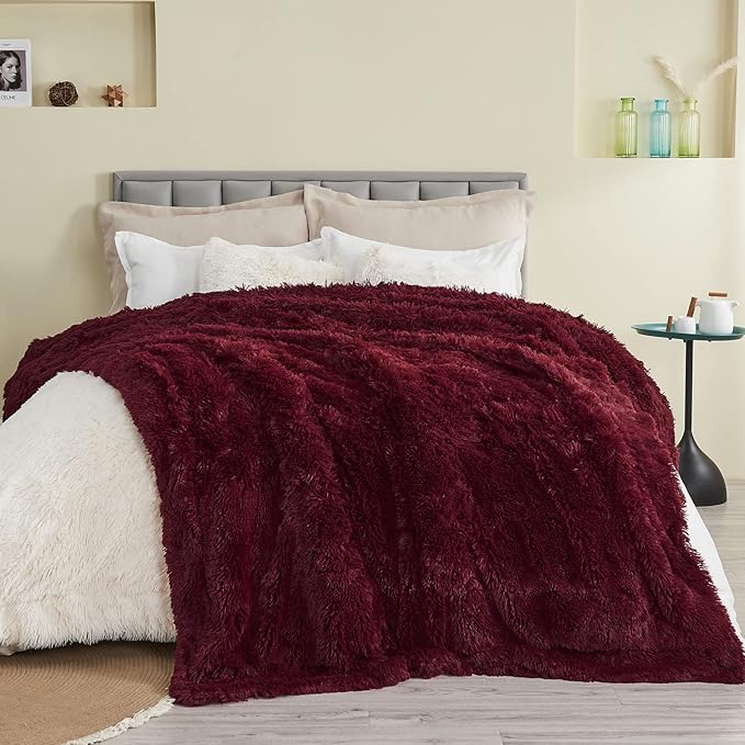 GONAAP Fuzzy Faux Fur Throw Blanket Twin Size Wine Red Super Soft Cozy Plush Fuzzy Shaggy Blanket for Couch Sofa Bed (Wine Red, Twin(60"x80"))