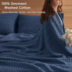 PHF 100% Cotton Waffle Weave Blanket Queen Size, Soft Lightweight Breathable Cozy Summer Blankets for Bed, Luxury Aesthetic Woven Bedding for Home Decor, 90"x90", Bright Navy Blue