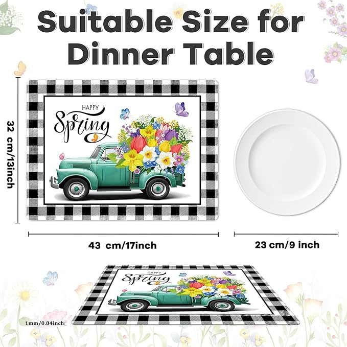 Happy Spring Placemats Set of 6 Easter Plastic Table Mats Spring Placemats Seasonal Place Mats Rustic Vintage Flowers Table Decoration for Indoor Outdoor Party Kitchen Dining