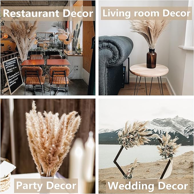 128 PCS Dried Pampas Grass Bouquet, Boho Table Decor, Bunny Tails Dried Flowers, Brown Pampas, White Pampas Grass for Weddings, Home Decor, Rustic Parties, and Baby Shower Decorations