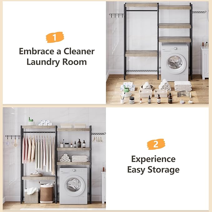 Double Row Over Washer and Dryer Storage Shelves, Laundry Room Organization and Storage, Heavy Duty Laundry Room Shelves, with Adjustable Height, 5-Tier