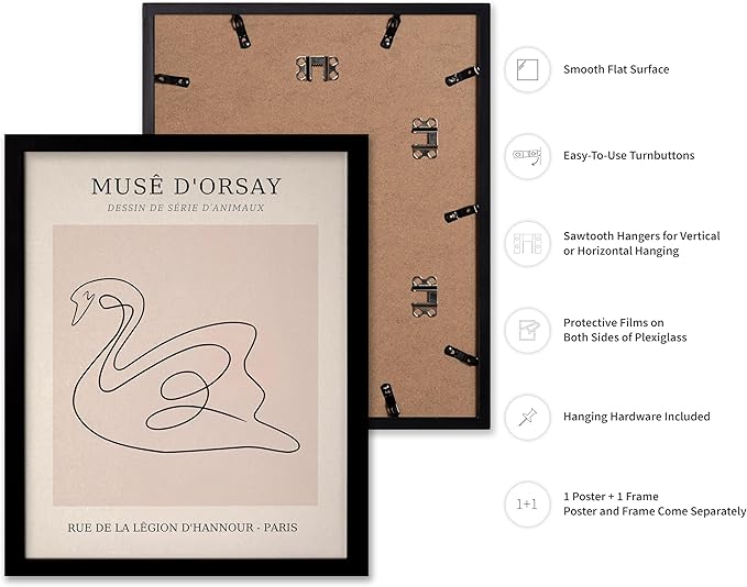 Poster Master Vintage Poster - Retro One Line Swan Drawing Print - Swan Art - Bird Art - Minimal Gift for Her, Animal Lover - Abstract Decor for Home, Office, Bedroom, 16x20 Black Framed