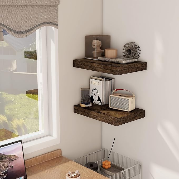 12 Inch Deep Floating Shelves, 16 x 12 Floating Shelf for Books, Rustic Wood Deep Wall Shelves for Home Storage & Display, 2" Thicked Shelves for Kitchen, Living Room, Bedroom, Rustic Brown, 2 Pack