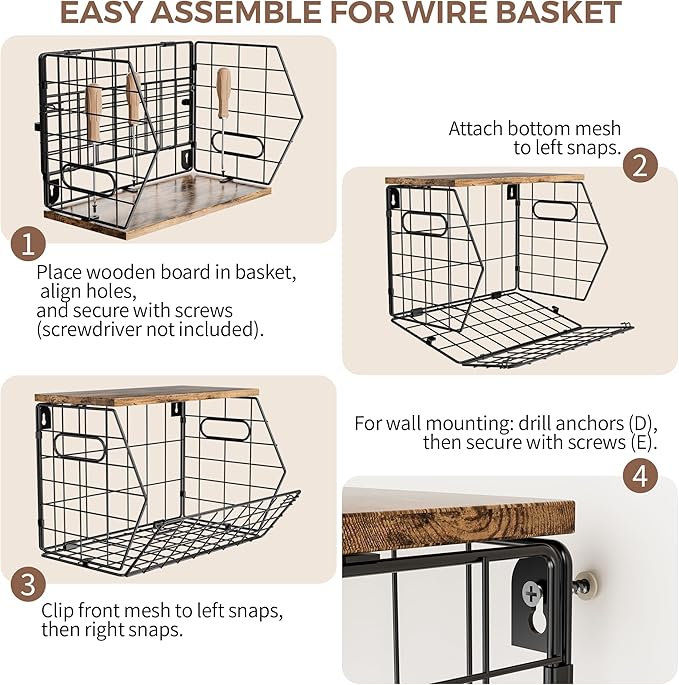 Delamu 2-Pack Stackable Metal Fruit Basket with Wood Lid-Wall Mounted & Countertop Organizer for Kitchen,Pantry- Ventilated Storage for Onions,Potatoes,Fruits,Spices (12"x 8"x 8-5/16")