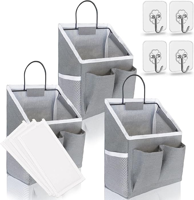 3pcs Small Wall Hanging Organizer Bag, Linen Fabric Door Hanging Storage Basket with Pockets, Waterproof Bin for Kitchen, Bedroom, Office, RV Camper (Gray)