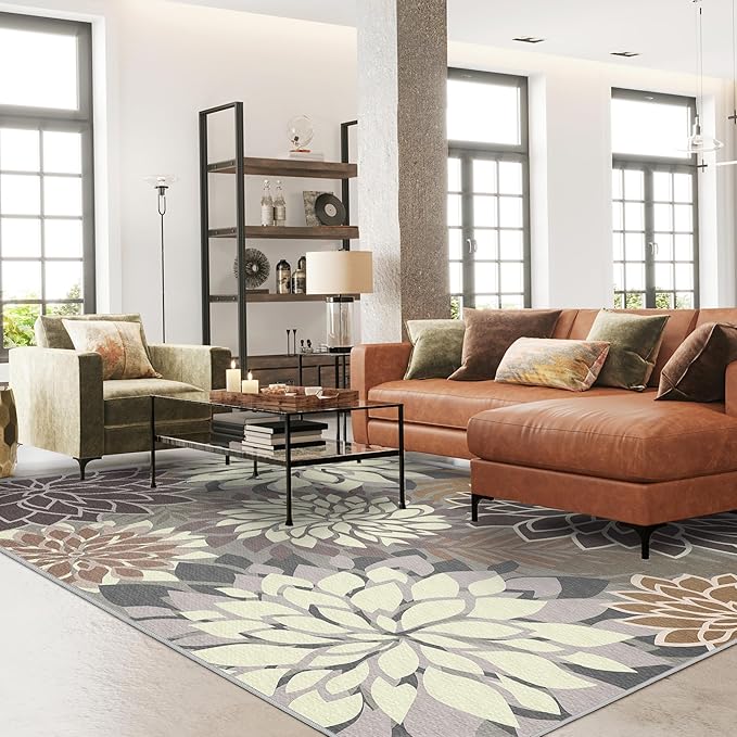 Indoor Outdoor Area Rug Washable Multicolored Patio Rug Tropical Botanical Modern Floral Indoor Outdoor Carpet Brown White Rug Non Slip Non Shedding for Patio, Deck, Backyard, Porch (6x9)