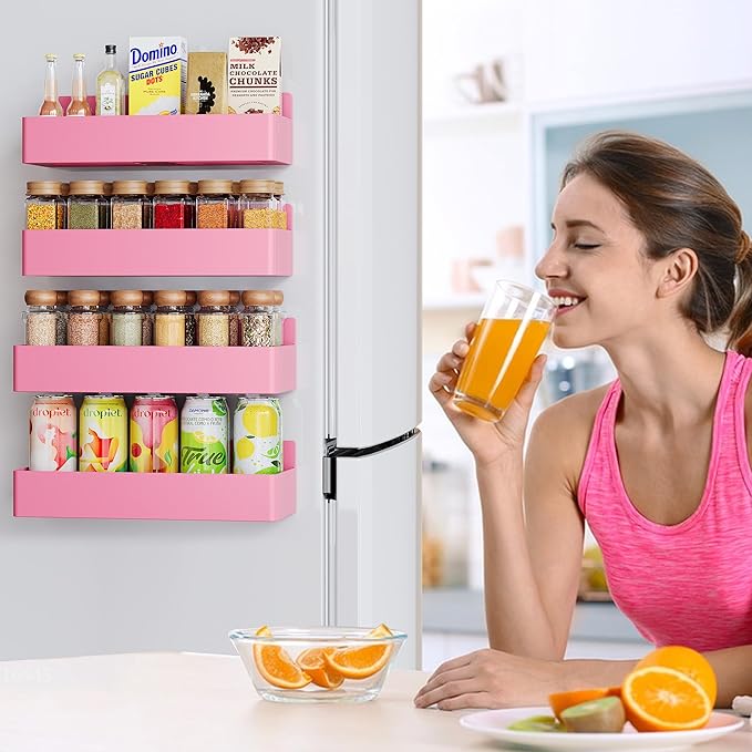 Magnetic Spice Rack for Refrigerator, Kitchen Organizer and Storage Shelf, Pink(4 Pack)