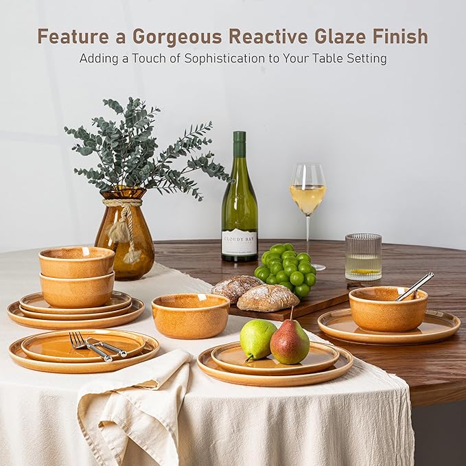 GBHOME Ceramic Dinnerware Sets for 4, 12 Pieces Stoneware Plates and Bowls Sets, Scratch Resistant Dishes, Dishwasher & Microwave Safe, Reactive Glaze-Amber