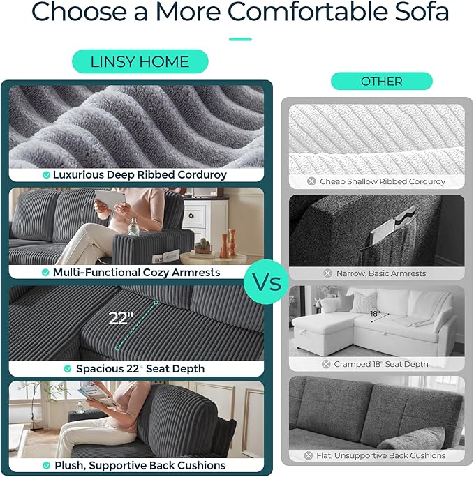 LINSY HOME Sectional Sleeper Sofa with Pull Out Couch Bed Convertible Plush Corduroy Cloud Couch with Storage Chaise & USB Charging, Comfy L Shaped Modular Couches for Living Room Apartment (Grey)