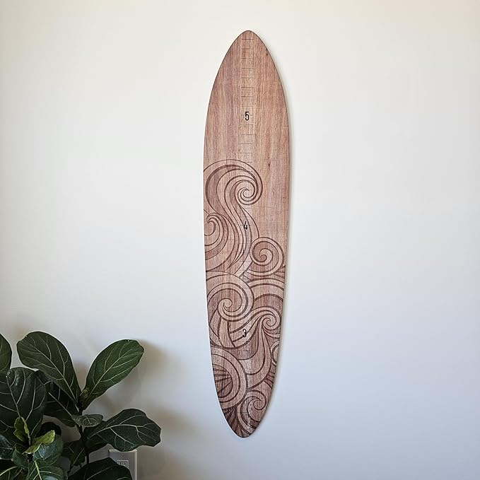 Wooden Surfboard Wall Decor Growth Chart - Surfboard Art Decor for Kids Room, Wood Surfboard Kids Sizing Chart, Surf Boards Art, Height Board Surfer Decor - Brown Wave (9.5"x 46")