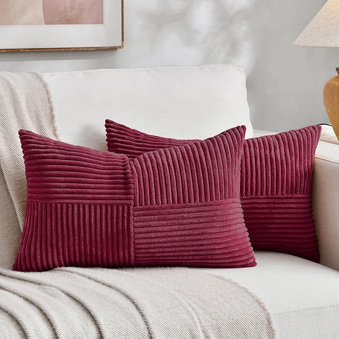 Fancy Homi 2 Packs Burgundy Lumbar Decorative Throw Pillow Covers 12x20 Inch for Living Room Couch Bed, Farmhouse Boho Home Decor, Soft Striped Corduroy Rectangle Accent Cushion Case 30x50 cm