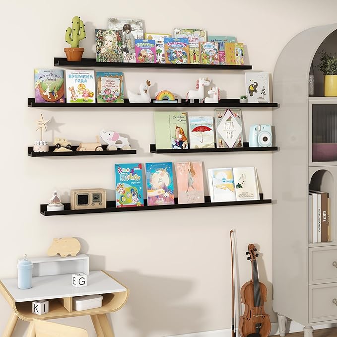 Fun Memories Picture Ledge Shelves Set of 2, 55 Inch Rustic Wall Mounted Floating Shelves with Lip for Home Storage and Décor in Bathroom, Kitchen, Nursery, Bedroom, Living Room, Black