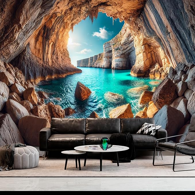 BSFHH Nature Tapestry Forest Tree Sea Cave Wall Hanging, Stream Through Rainforest Landscape Wall Art Tapestry for Bedroom Living room (Cave Sea View, 90"×70", Unframed)