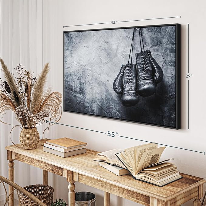 ElephantStock Boxing Gloves Wall Art - Horizontal Framed Canvas - 1-Piece Living Room Wall Decor - Photography Sports Canvas Print - Black and Gray Decor for Wall - 43" X 29"