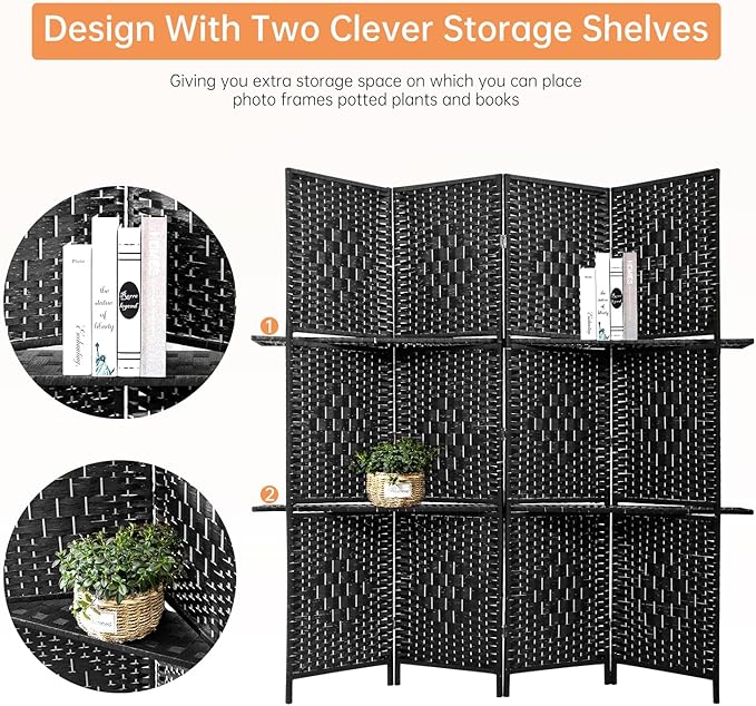 PayLessHere Room Divider Room Screen Divider Wooden Screen Folding Portable Partition Screen Wood with Removable Storage Shelves (Black, 4 Panel)