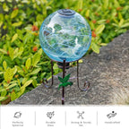 10 Inch Solar Glass Gazing Ball, with 9.4" Tall Metal Gazing Globe Stand, Solar Ball Lights Display Holder Set for Outdoor Garden Lawn Yard Decoration, Blue Water Ripple