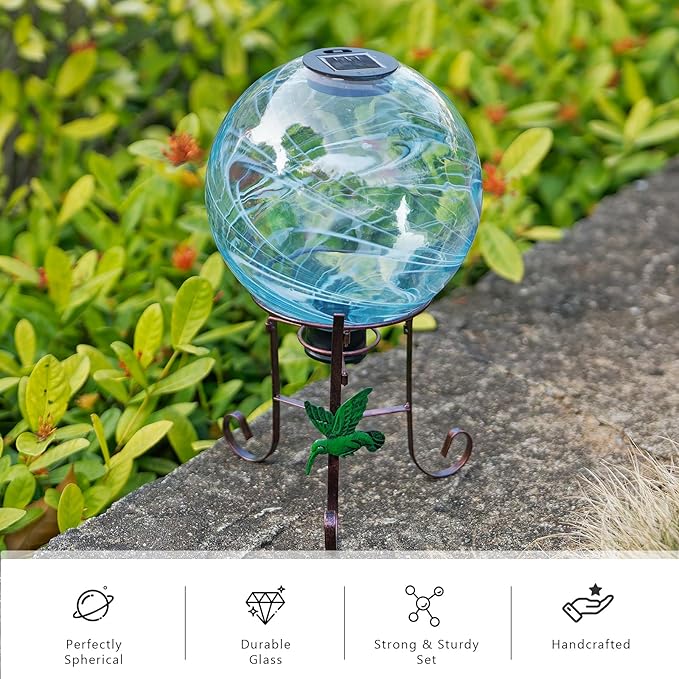 10 Inch Solar Glass Gazing Ball, with 9.4" Tall Metal Gazing Globe Stand, Solar Ball Lights Display Holder Set for Outdoor Garden Lawn Yard Decoration, Blue Water Ripple