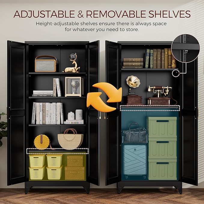 75" Kitchen Pantry Cabinet, Black Metal Storage Cabinets with 2 Doors and 4 Adjustable Shelves, Tall Pantry Storage Cabinet for Kitchen, Dining Room, Living Room