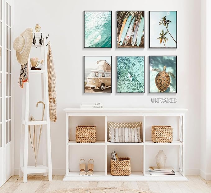 EVPYXFUT Set of 6 Tropical Beach Canvas Wall Art Surf Poster Summer Ocean Coastal Pictures Turtle Print Palm Tree Surfboard Gallery Paintings Nautical Bus Wall Decor for Bedroom Bathroom Unframed