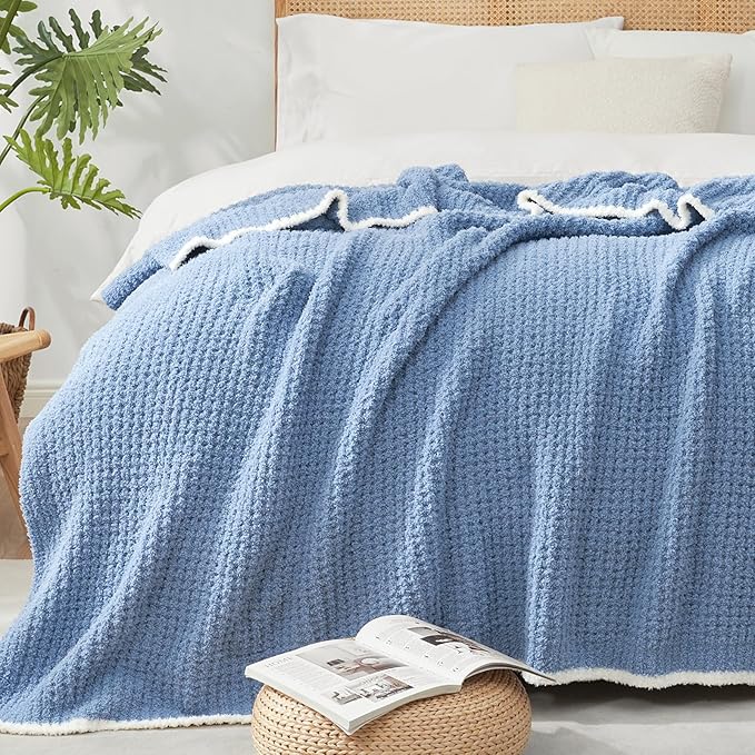 Snuggle Sac Ultra Soft Waffle Throw Blanket for Couch Bed Sofa 50x60 inches, Reversible Blue Blanket Microfiber Fluffy Fuzzy Cozy Knit Throws for Women Mothers Birthday Gifts