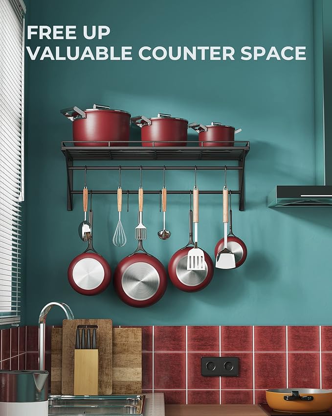 OROPY 23 Inch Wall Mounted Pot Rack Storage Shelf with 2 Tier Hanging Rails 12 S Hooks included, Ideal for Pans, Utensils, Cookware, Plant Black