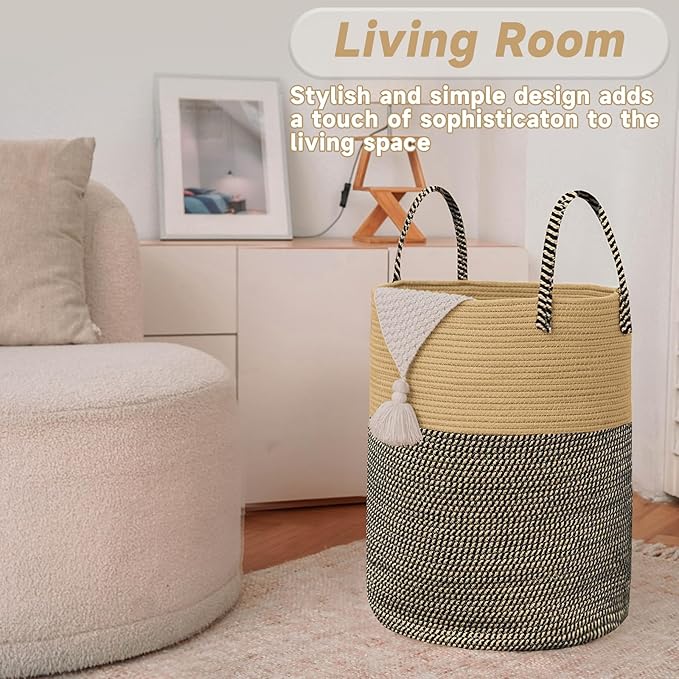 Large Woven Laundry Basket Hamper,80L Cotton Rope Storage Bin for Blankets,Toys and Clothes,Decorative Tall Nursery Hamper for Living Room,Baby Nursery,Bathroom and Bedroom,Brown and Black