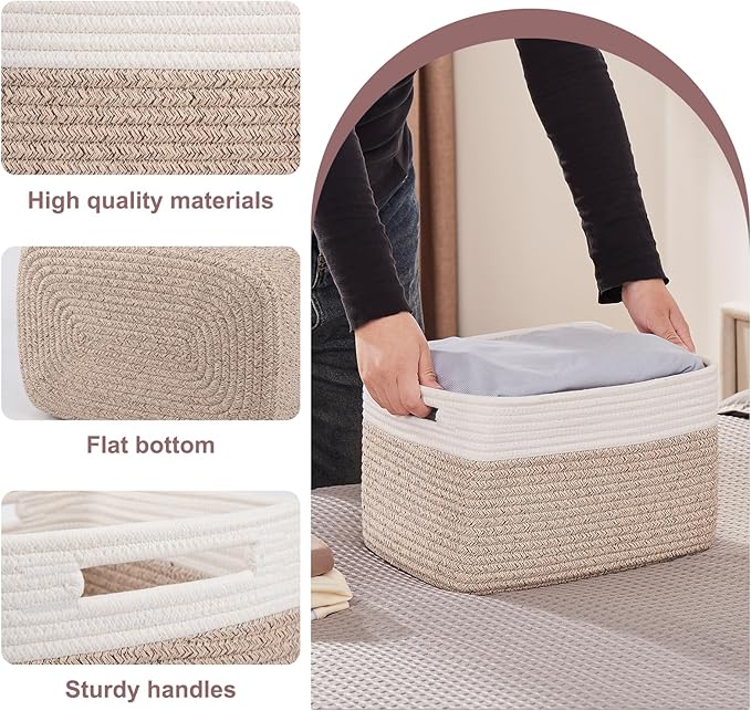 OIAHOMY 4 Pack Storage Baskets for Organizing, Basket for Shelves with Handle, Woven Baskets for Storage Toys, Towels, Books, Cotton Rope Basket 13" L x 9 " W x 7.8 " H, Brown & White
